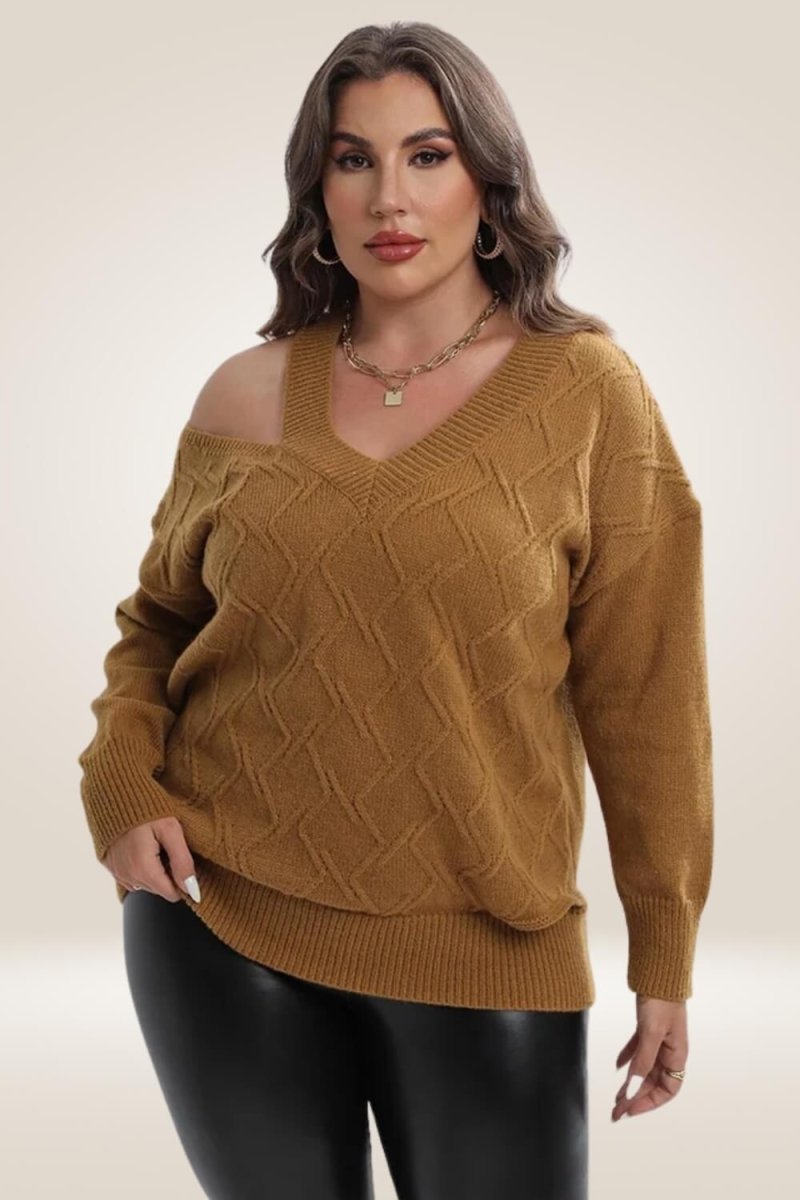 Knitted Off The Shoulder Camel Plus Size Sweater - TGC Boutique - Sweater
