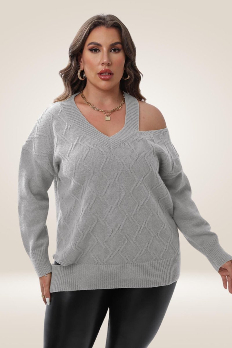 Knitted Off The Shoulder Gray Plus Size Sweater - TGC Boutique - Sweater