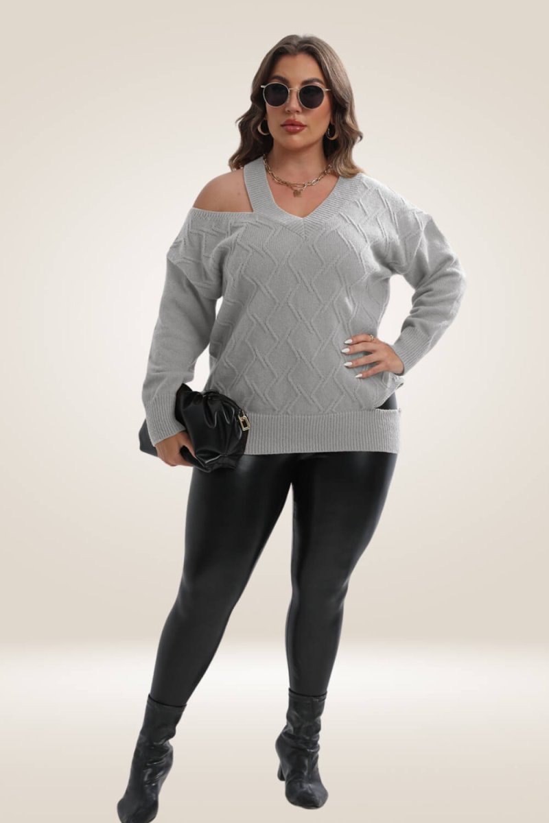 Knitted Off The Shoulder Gray Plus Size Sweater - TGC Boutique - Sweater