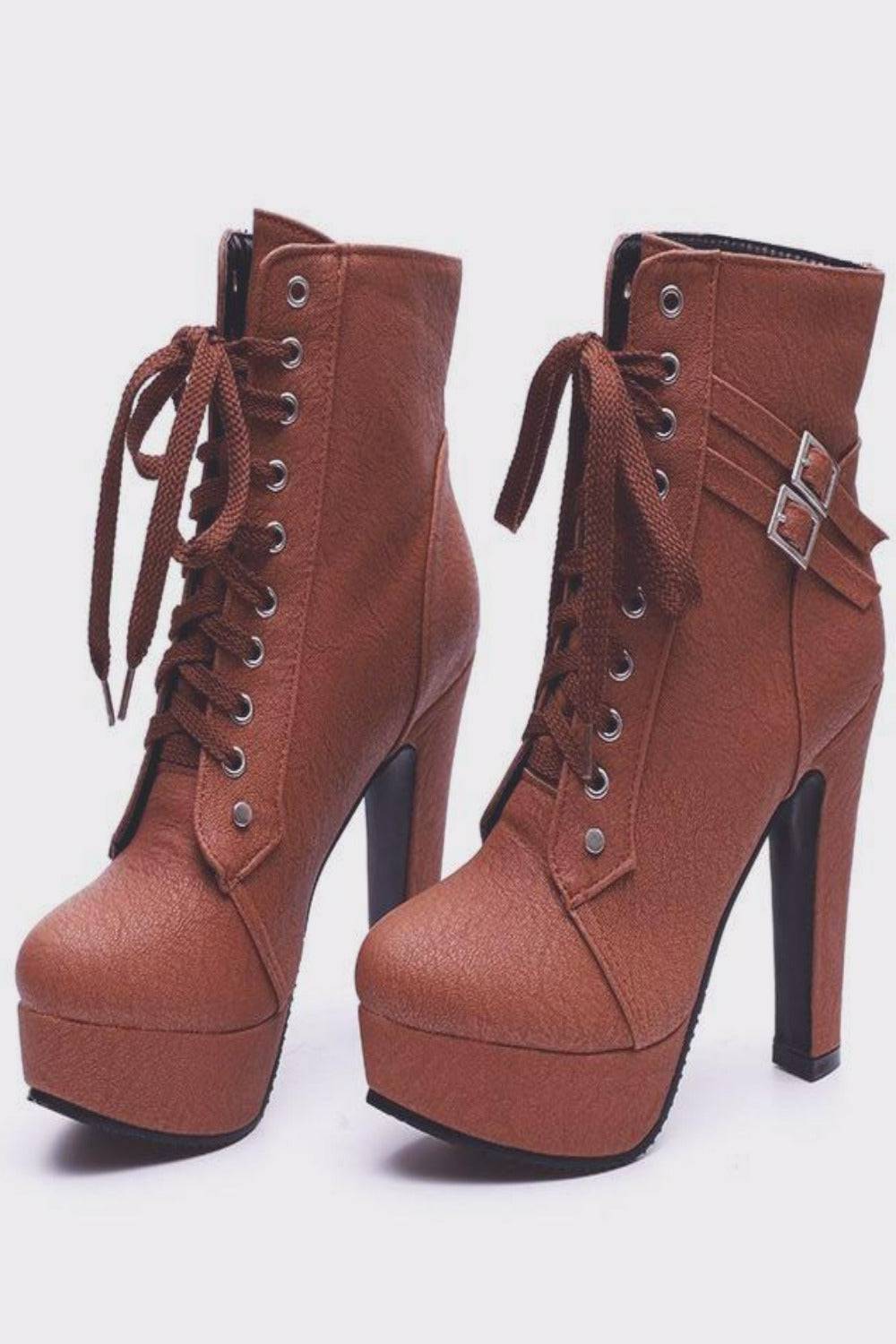 Lace Up Platform Biker Boots - Brown - TGC Boutique - Ankle Booties