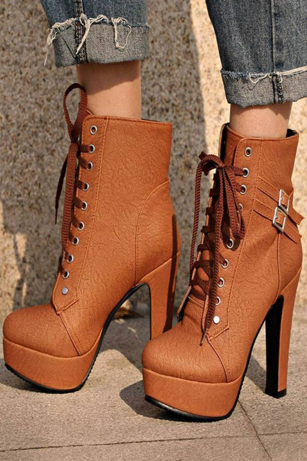 Lace Up Platform Biker Boots - Brown - TGC Boutique - Ankle Booties