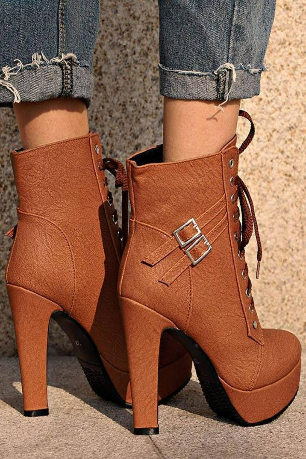 Lace Up Platform Biker Boots - Brown - TGC Boutique - Ankle Booties