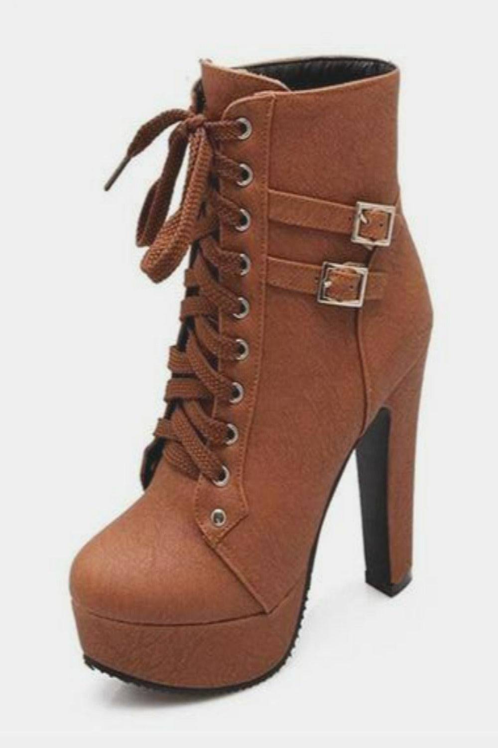 Lace Up Platform Biker Boots - Brown - TGC Boutique - Ankle Booties