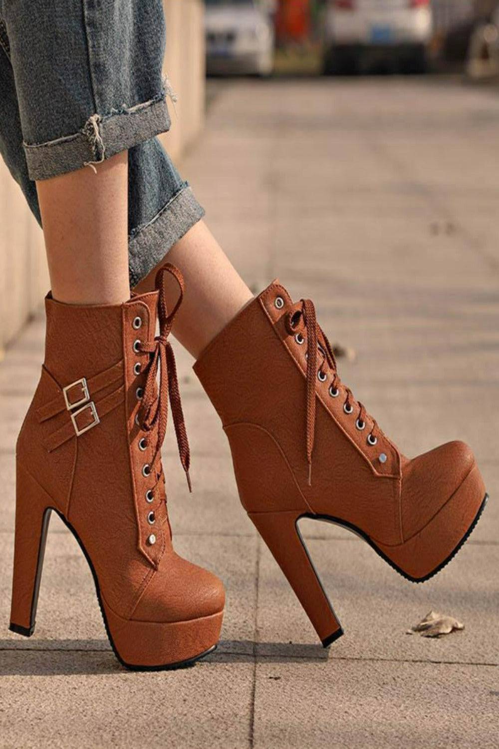 Lace Up Platform Biker Boots - Brown - TGC Boutique - Ankle Booties