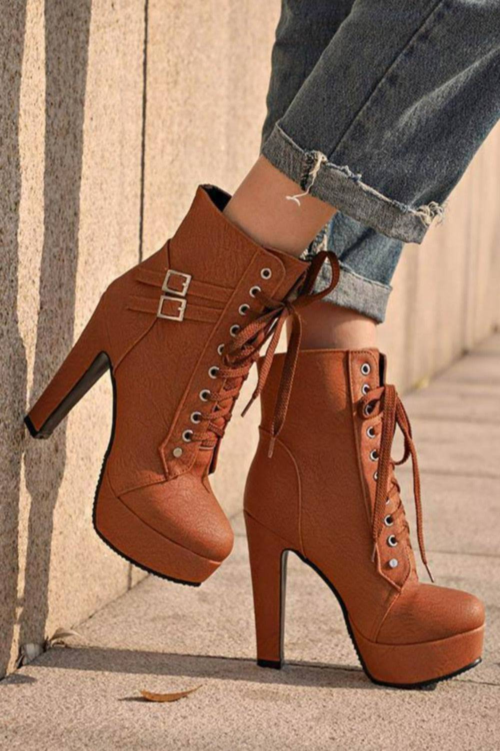 Lace Up Platform Biker Boots - Brown - TGC Boutique - Ankle Booties