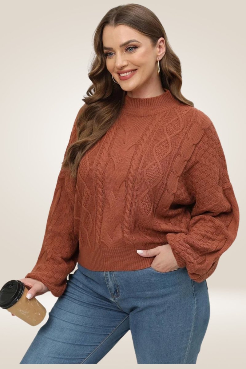 Lantern Long Sleeve Knitted Brown Plus Size Sweater - TGC Boutique - Sweater
