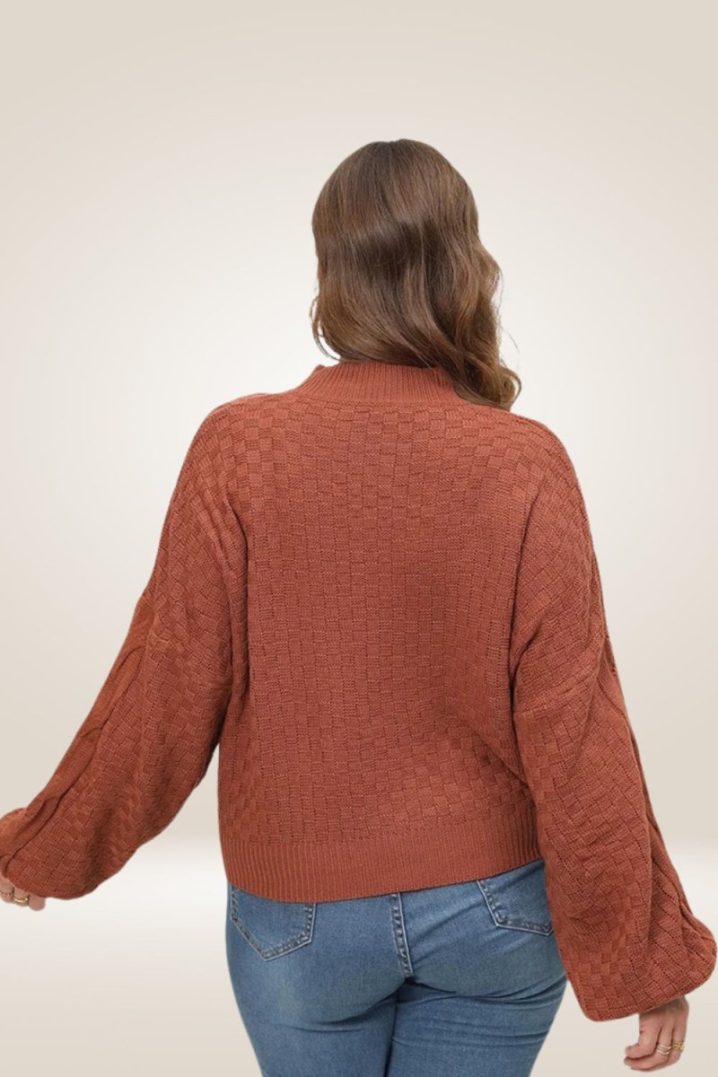 Lantern Long Sleeve Knitted Brown Plus Size Sweater - TGC Boutique - Sweater