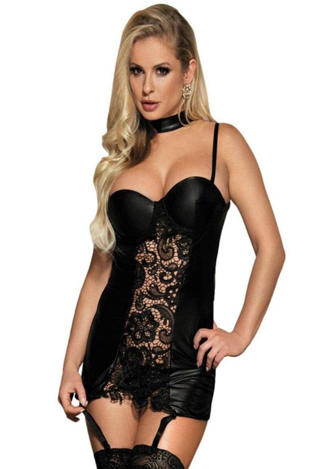Latex And Lace Lingerie Mini Babydoll Dress - Black - TGC Boutique - Black Lingerie