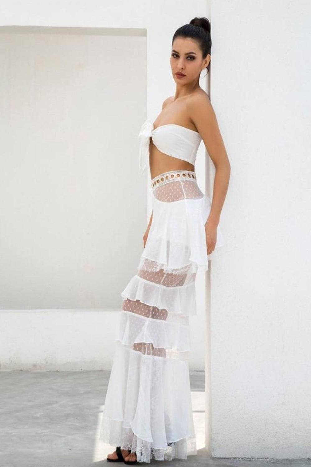 Layered Chiffon Lace Crop Top & Maxi Skirt Matching Set - White - TGC Boutique - Bodycon Dress