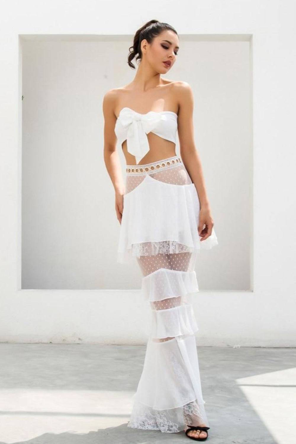 Layered Chiffon Lace Crop Top & Maxi Skirt Matching Set - White - TGC Boutique - Bodycon Dress