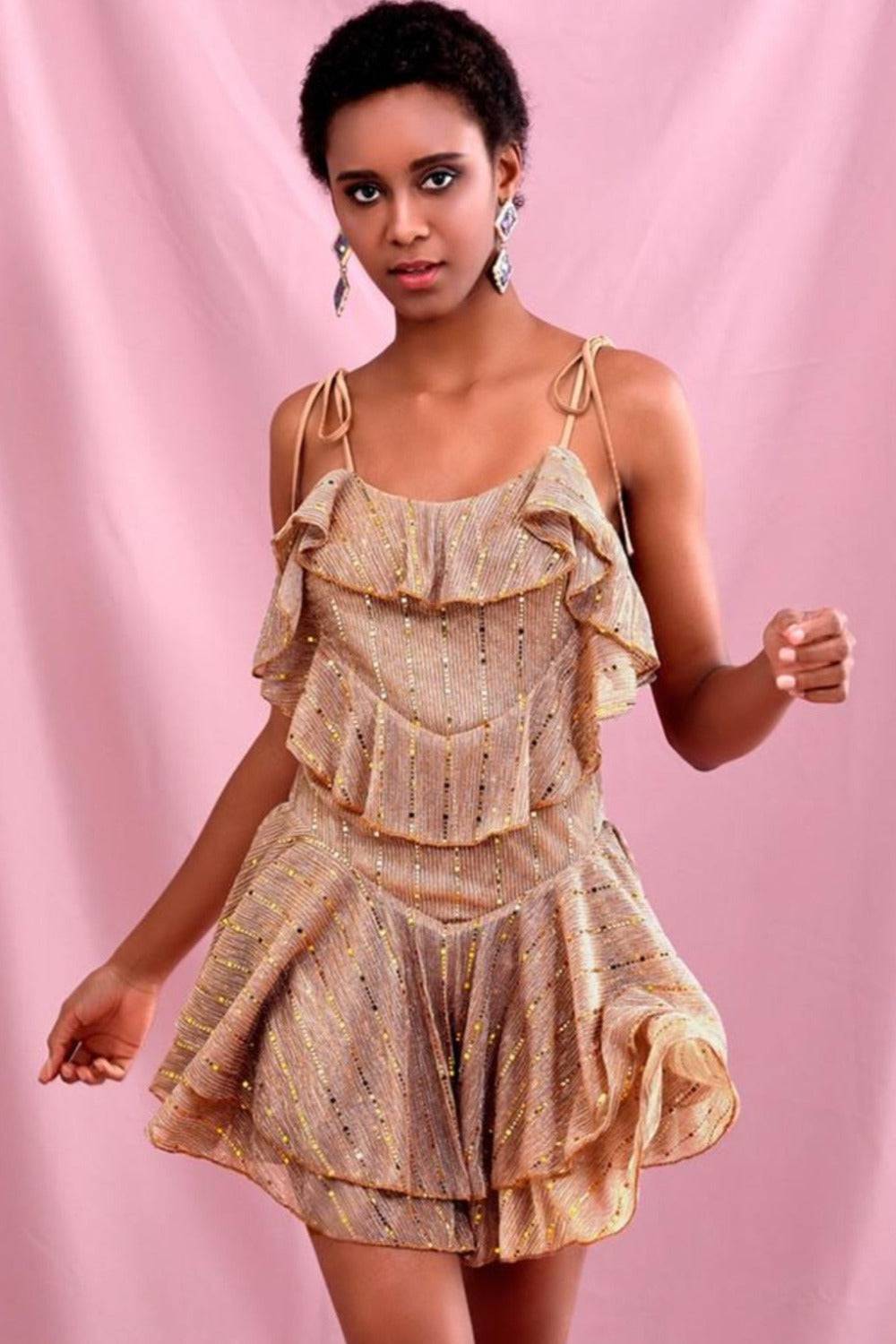 Layered Gold Ruffle Mini Dress - TGC Boutique - Mini Dress