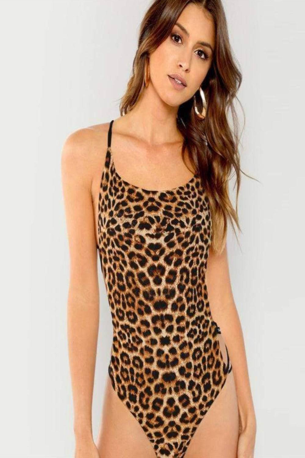 Leopard Print Strappy Back Slim Fitted Bodysuit Swimsuit - TGC Boutique - Swimsuit