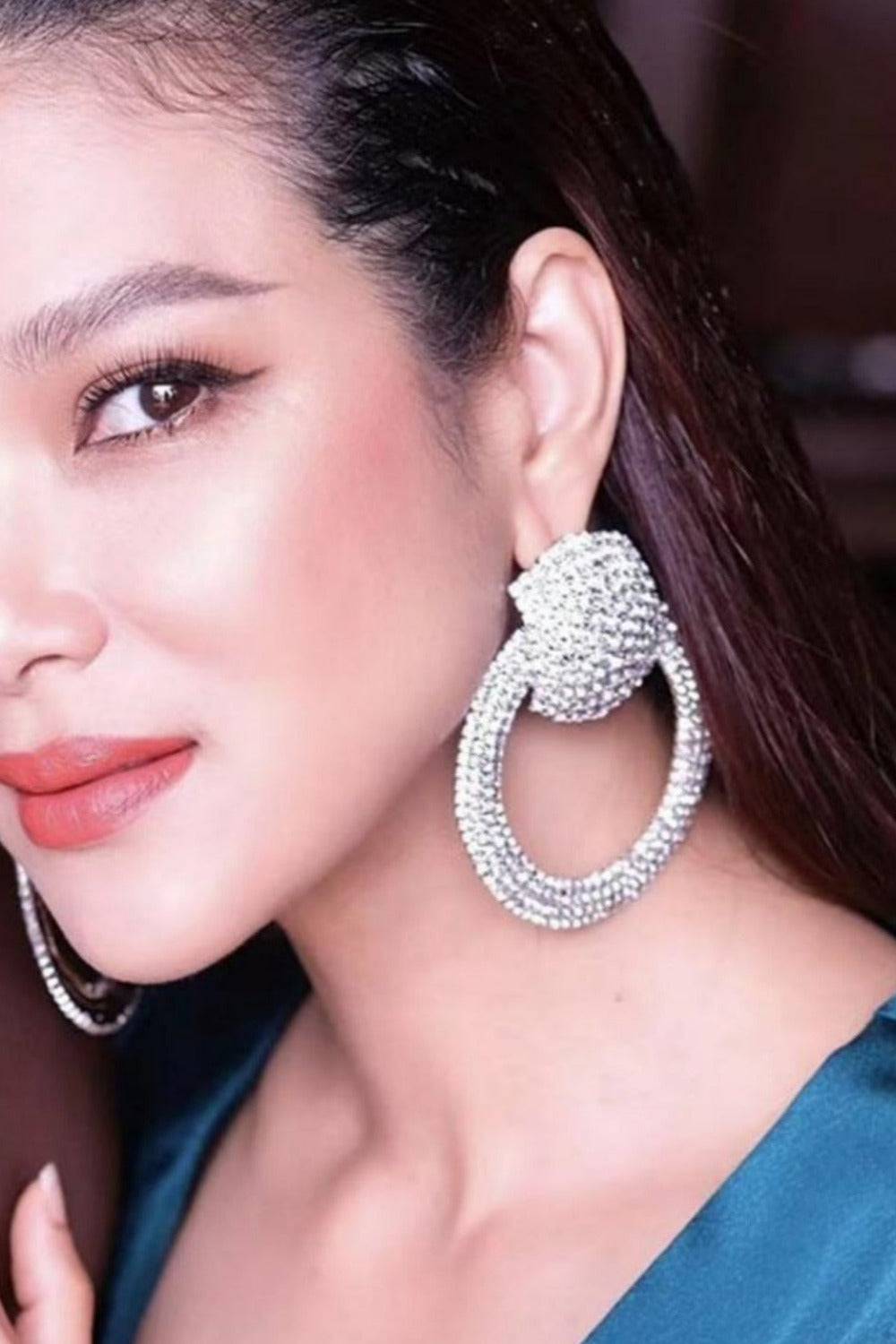Lion Queen Earrings Big Round Circle Rhinestone Statement Piece - TGC Boutique - Rhinestone Earrings