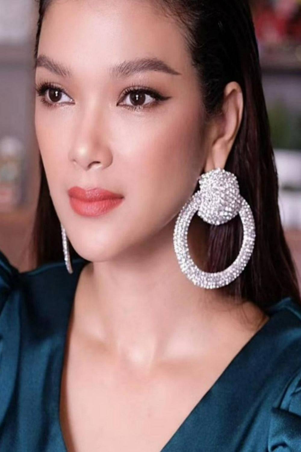 Lion Queen Earrings Big Round Circle Rhinestone Statement Piece - TGC Boutique - Rhinestone Earrings