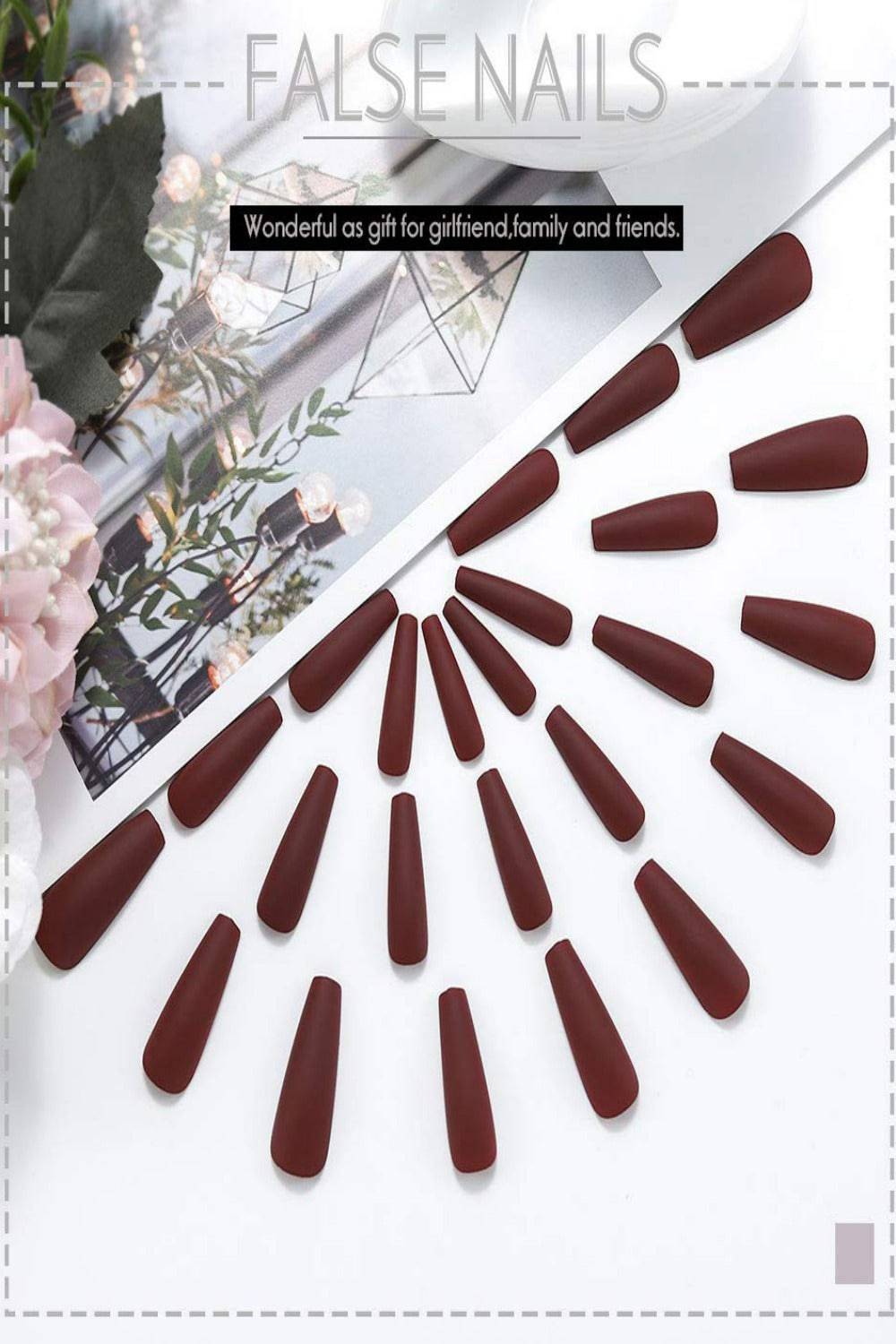 Long Coffin Tip Matte Glue On Red Nails - Dark Wine Red Nail Kit - TGC Boutique - Press On Nails
