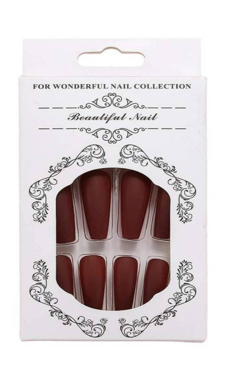 Long Coffin Tip Matte Glue On Red Nails - Dark Wine Red Nail Kit - TGC Boutique - Press On Nails