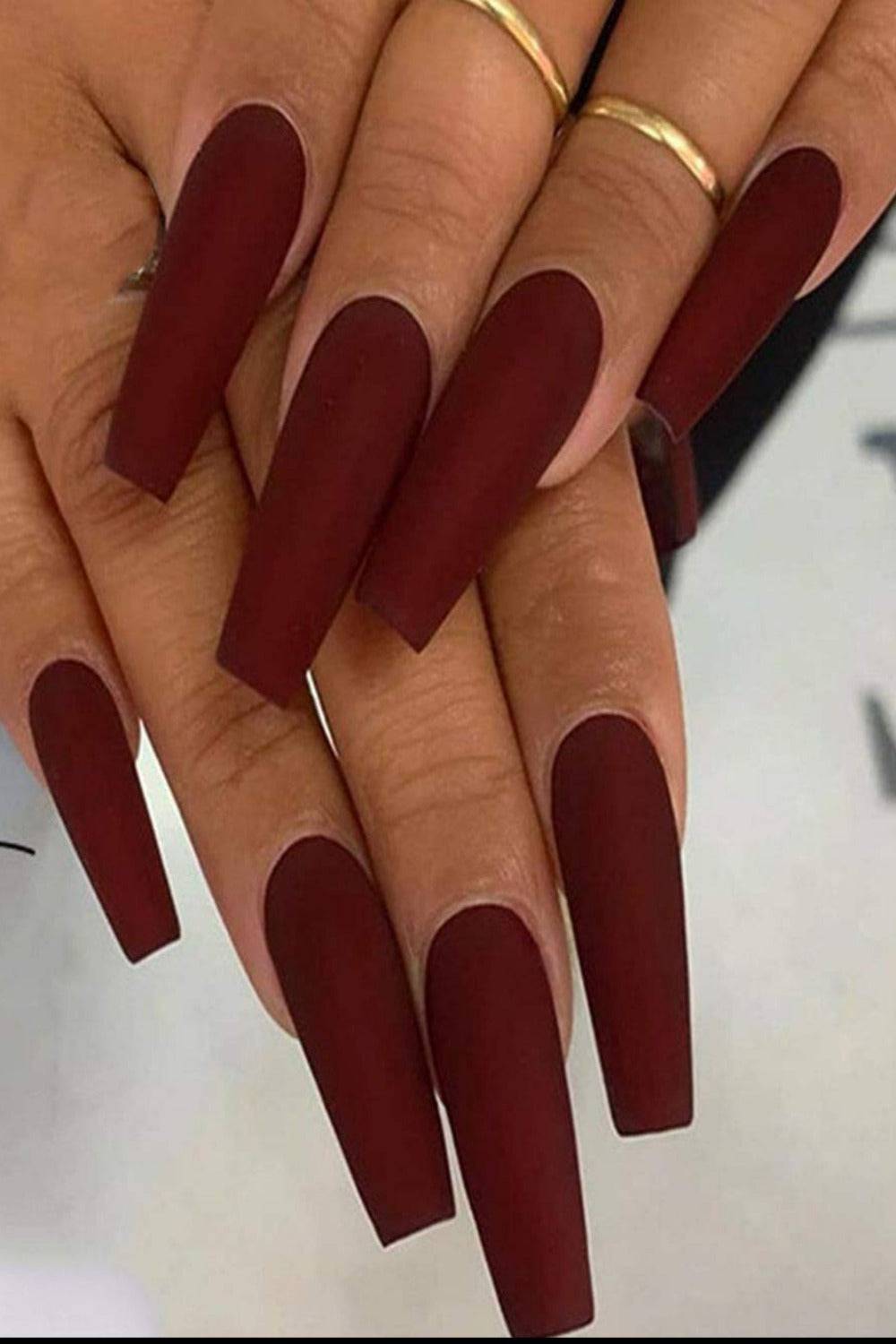 Long Coffin Tip Matte Glue On Red Nails - Dark Wine Red Nail Kit - TGC Boutique - Press On Nails