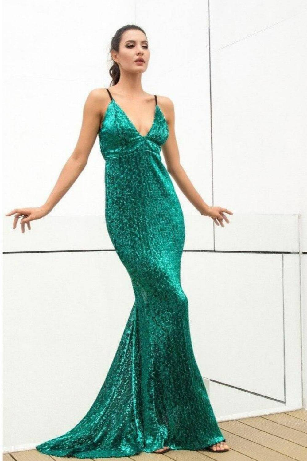 Long Fishtail Sequin Dress Deep V-Neck Open Back Gown - Green - TGC Boutique - Evening Gown