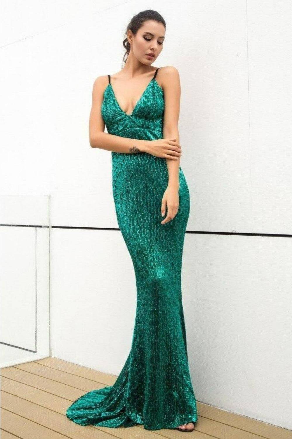 Long Fishtail Sequin Dress Deep V-Neck Open Back Gown - Green - TGC Boutique - Evening Gown
