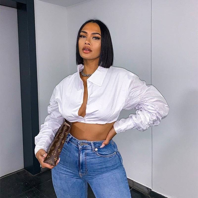 Long Puff Sleeve Crop Top Shirt - TGC Boutique - Top
