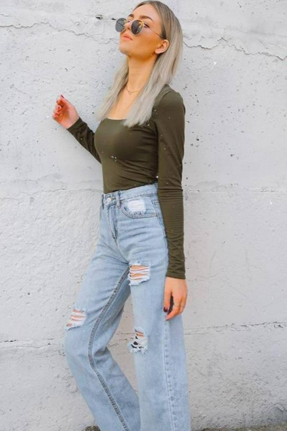 Long Sleeve Knitted Solid Square Collar Bodysuit Winter Top - TGC Boutique - Bodysuit