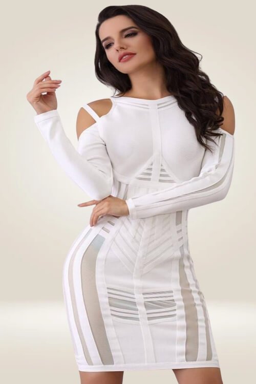 Long Sleeve Mesh Cut Out White Bodycon Dress - TGC Boutique - Bodycon Dress