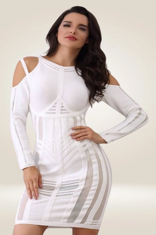 Long Sleeve Mesh Cut Out White Bodycon Dress - TGC Boutique - Bodycon Dress