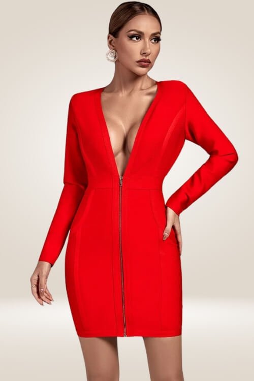 Long Sleeve Red Bodycon Mini Dress - TGC Boutique - Bodycon Dress