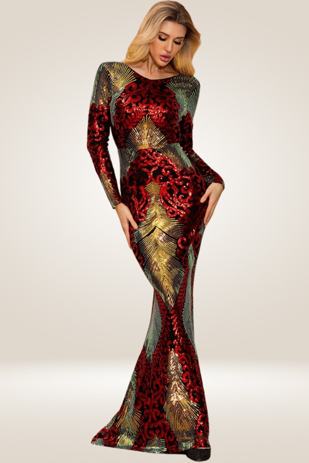 Long sleeve Red Sequin Dress - TGC Boutique - Red Maxi Dress