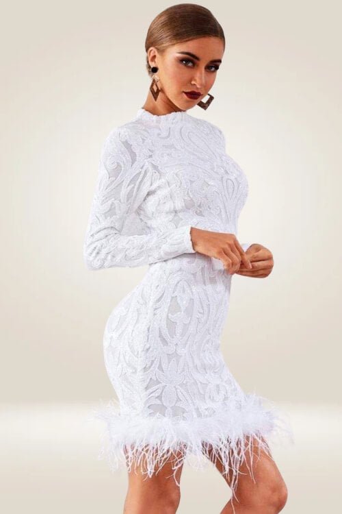 Long Sleeve Sequins Feather White Mini Dress - TGC Boutique - Bodycon Dress
