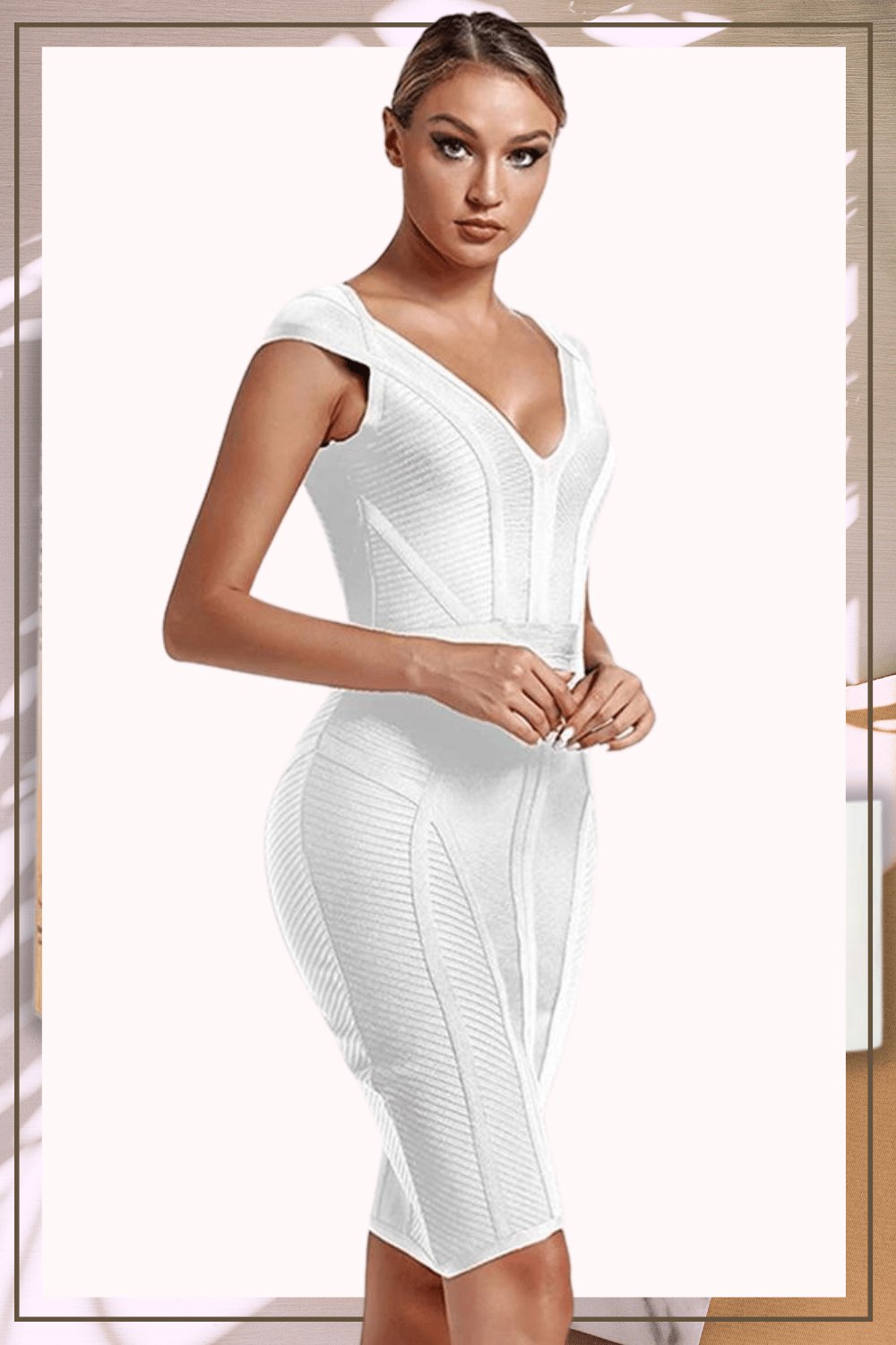 Loren Runway Elegant Short Sleeve Striped Bandage Dress - White - TGC Boutique - Bodycon Dress