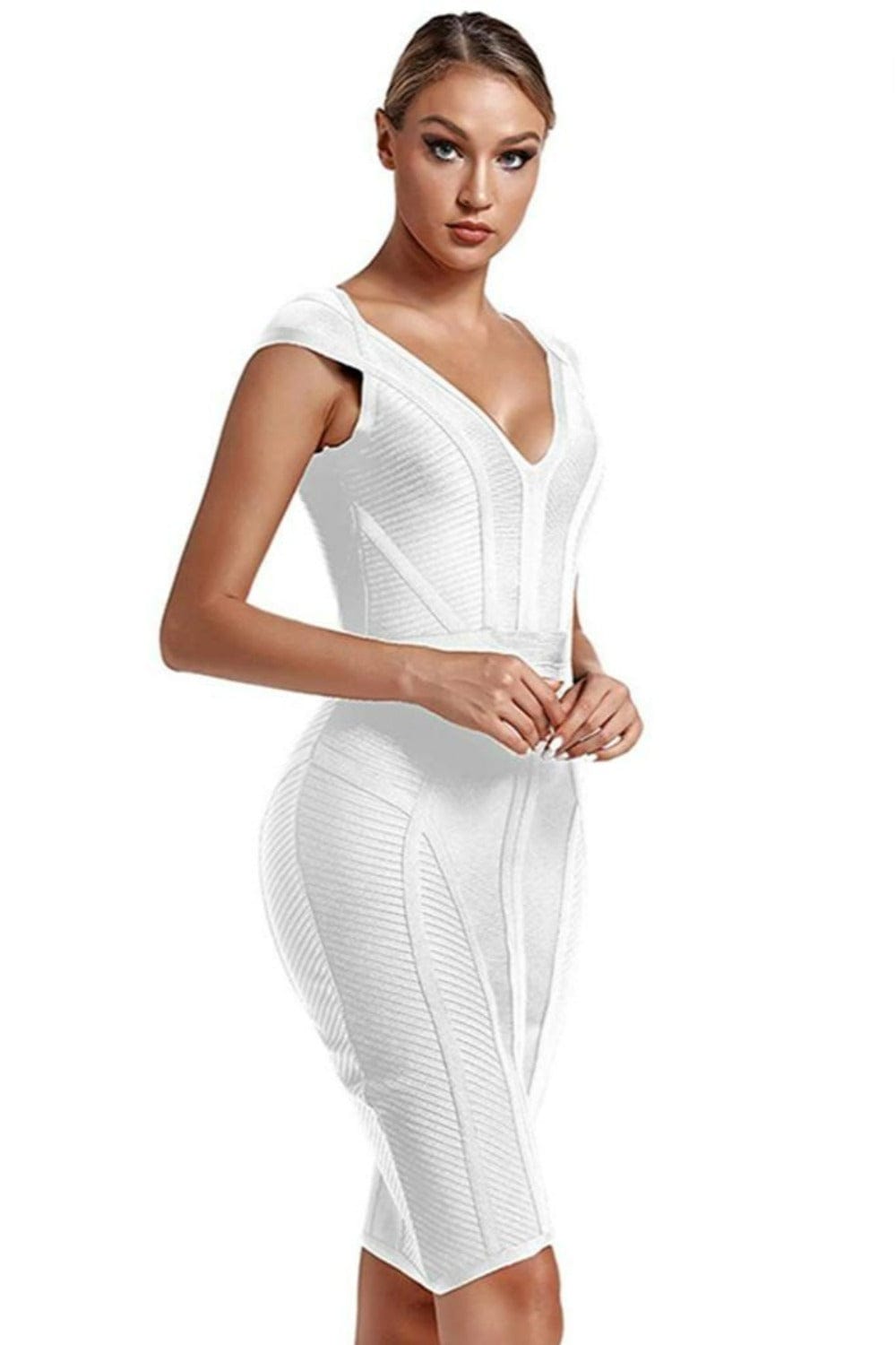 Loren Runway Elegant Short Sleeve Striped Bandage Dress - White - TGC Boutique - Bodycon Dress
