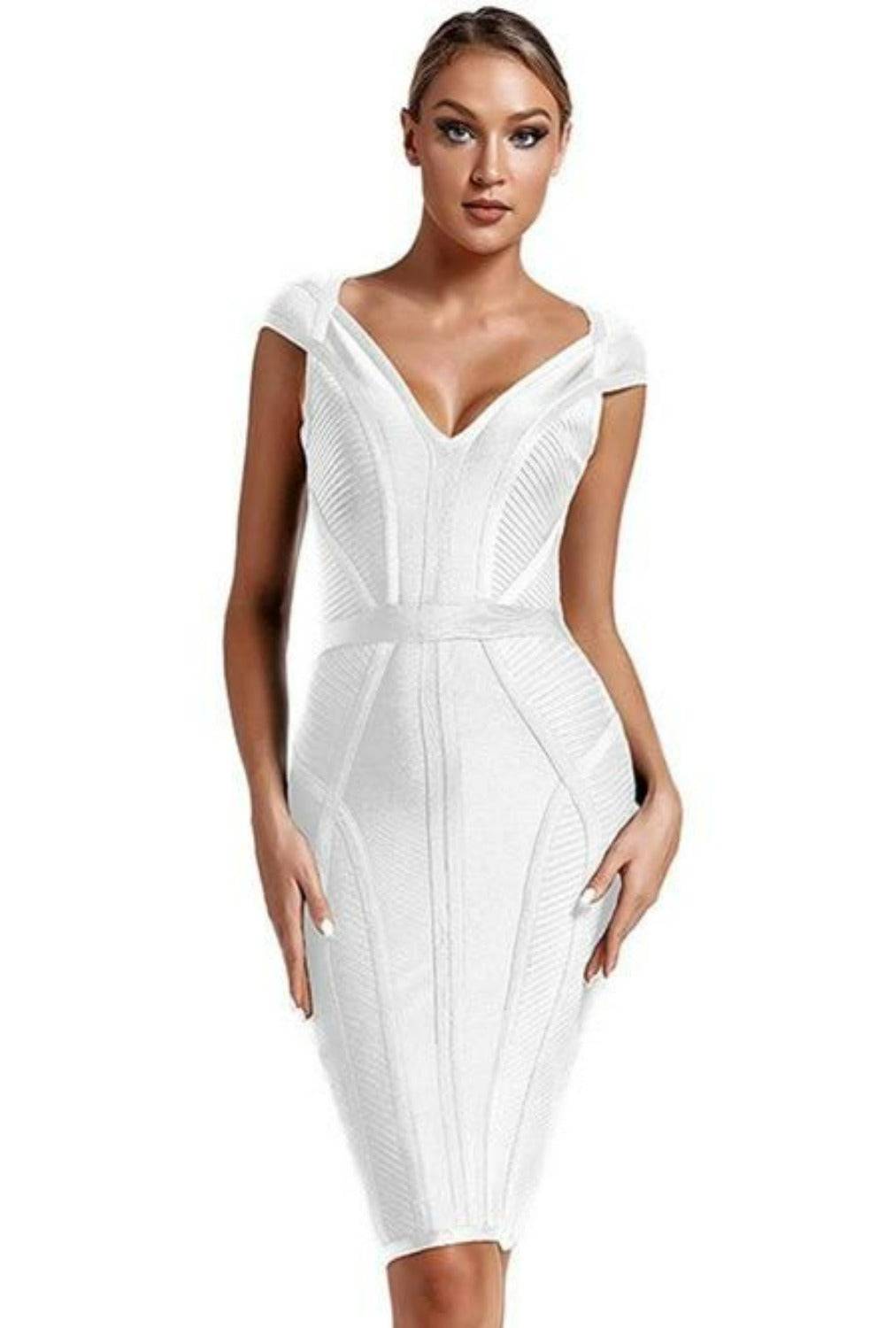 Loren Runway Elegant Short Sleeve Striped Bandage Dress - White - TGC Boutique - Bodycon Dress