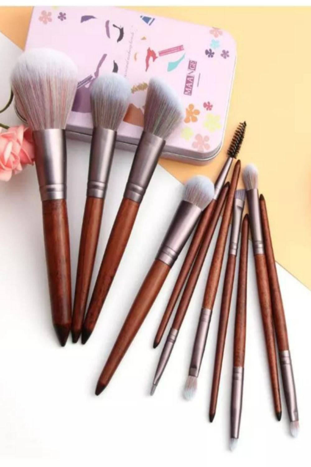 Luxe Brown Wooden Professional Makeup Brush Set - 11 Pcs - TGC Boutique - Makeup Brushes