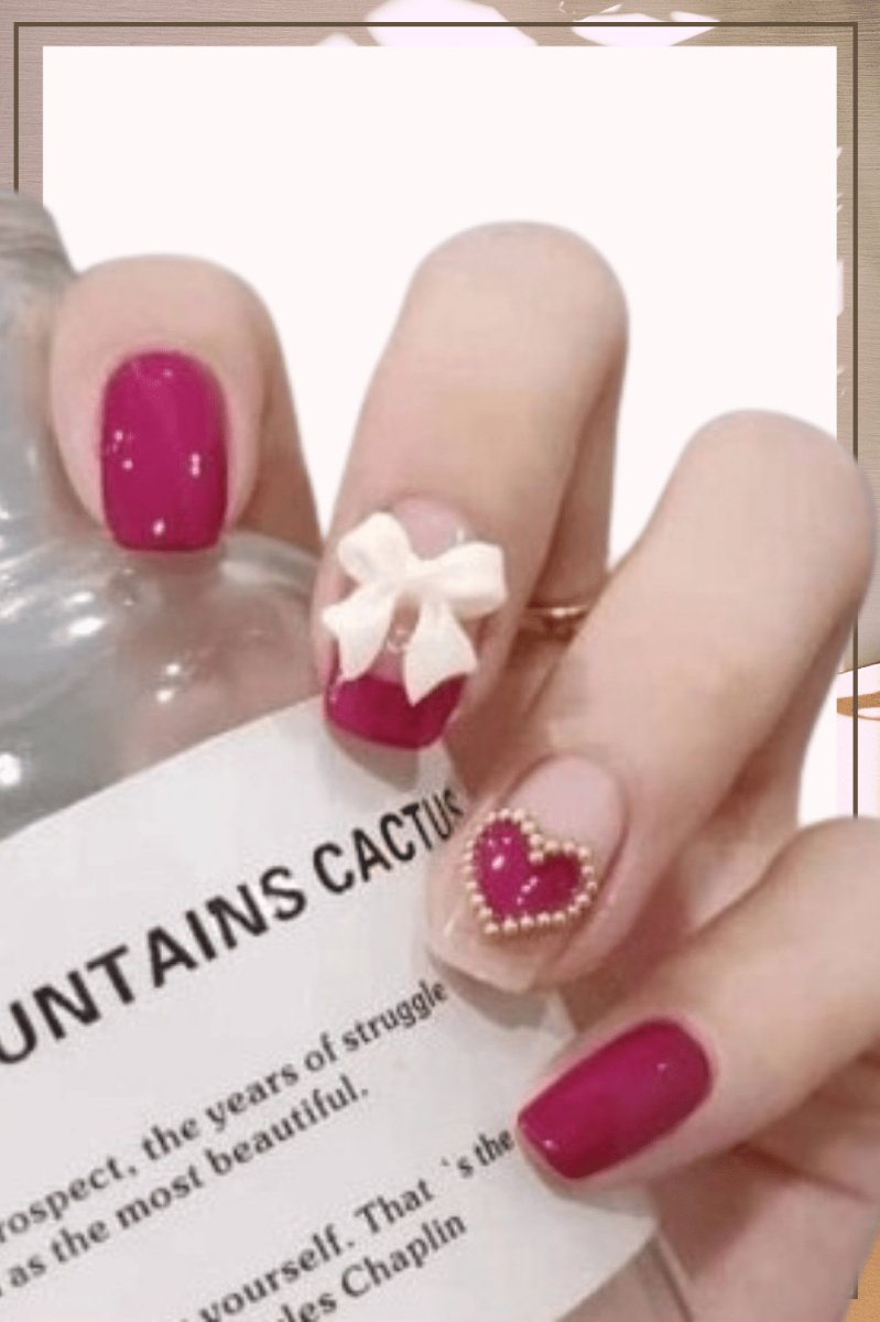 Maroon Press On Nails Heart Glossy Coffin Crystal Nail Kit - TGC Boutique - Press On Nails