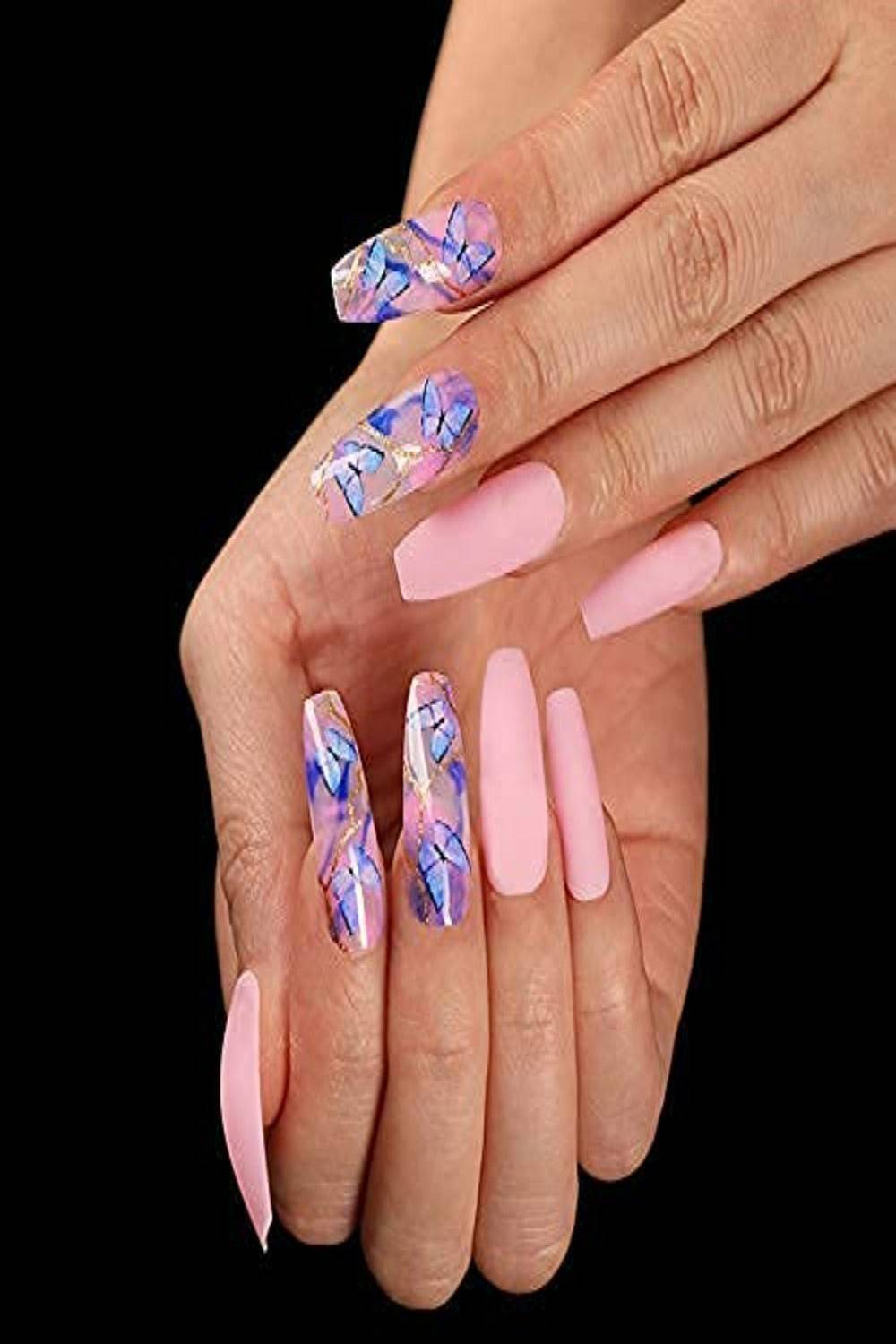 Matte Coffin Pink & Blue Marble Butterfly Press On Nails - TGC Boutique - Press On Nails
