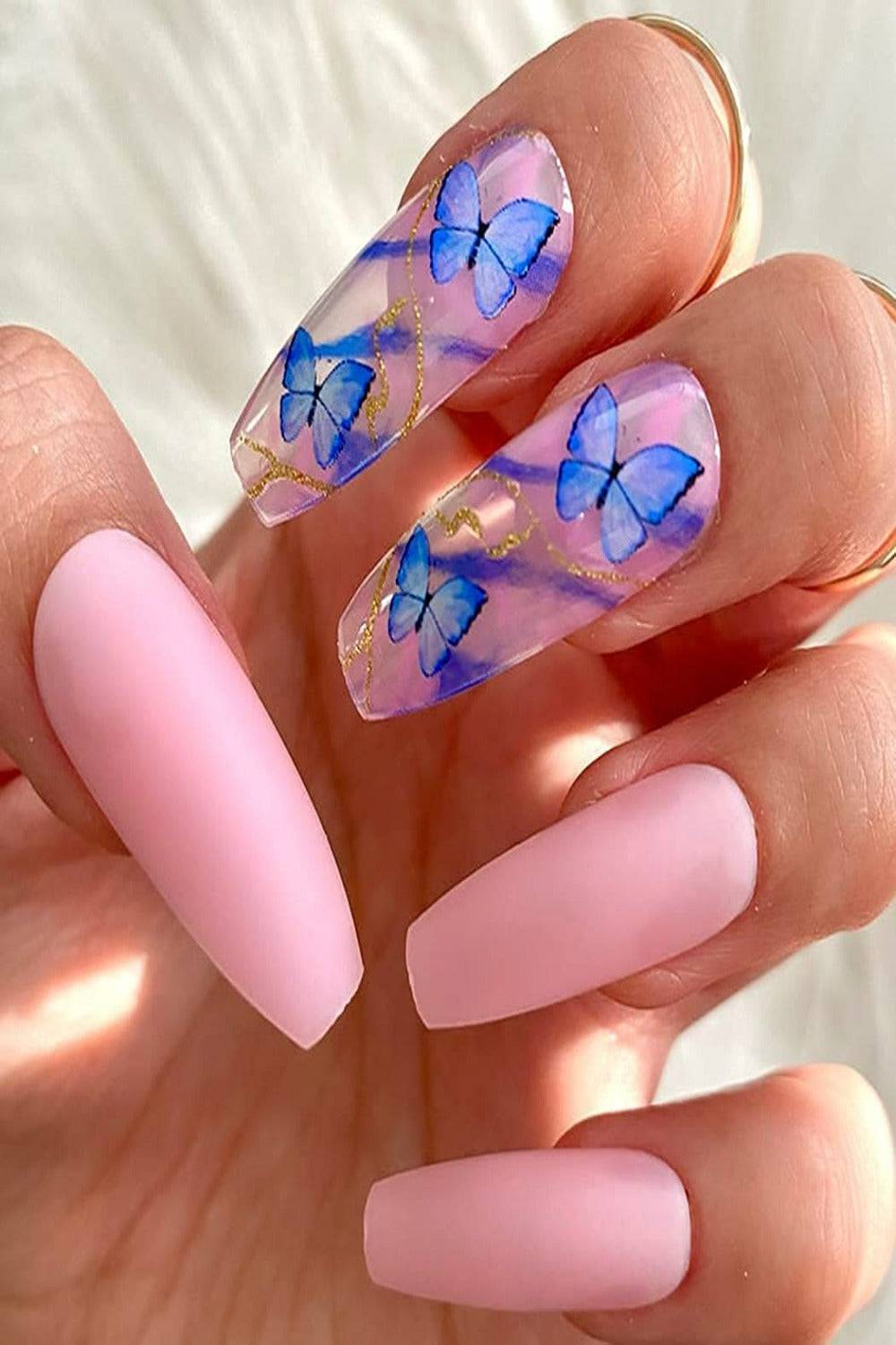 Matte Coffin Pink & Blue Marble Butterfly Press On Nails - TGC Boutique - Press On Nails