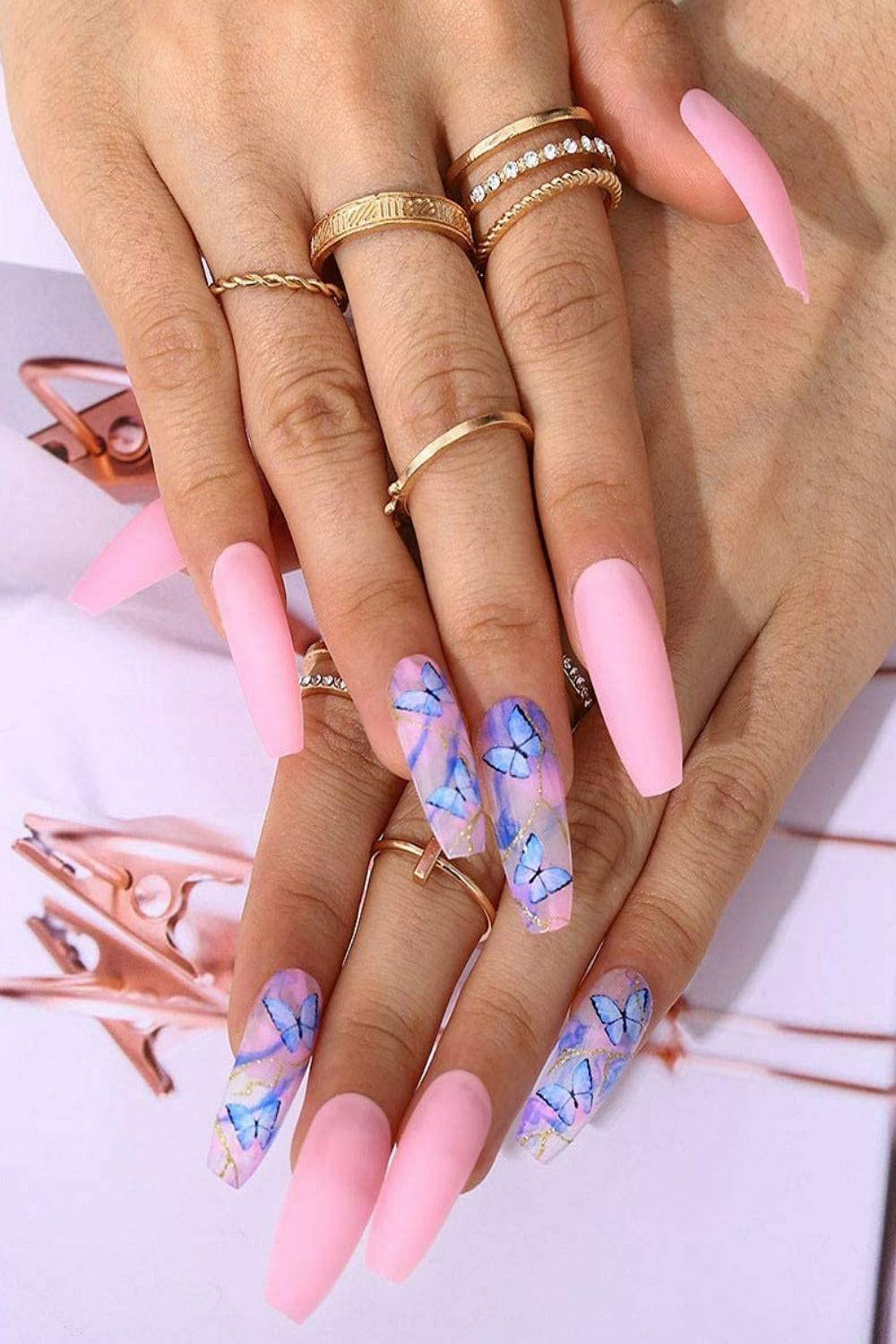 Matte Coffin Pink & Blue Marble Butterfly Press On Nails - TGC Boutique - Press On Nails