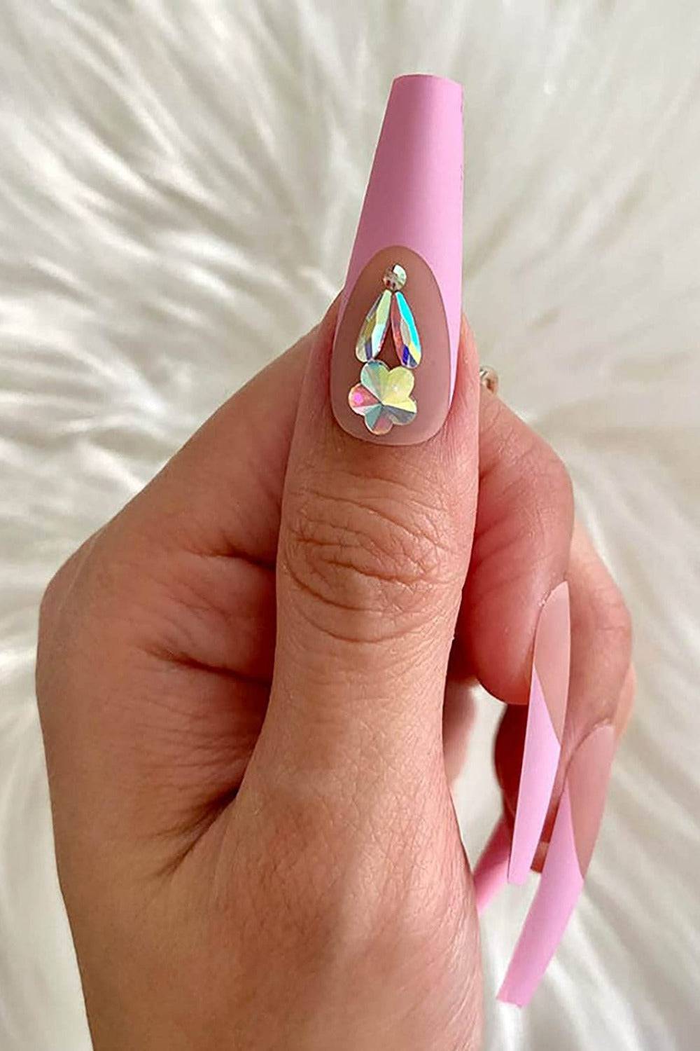 Matte Pink Coffin French Tip Press On Nails With Crystal Nails Design - TGC Boutique - Press On Nails