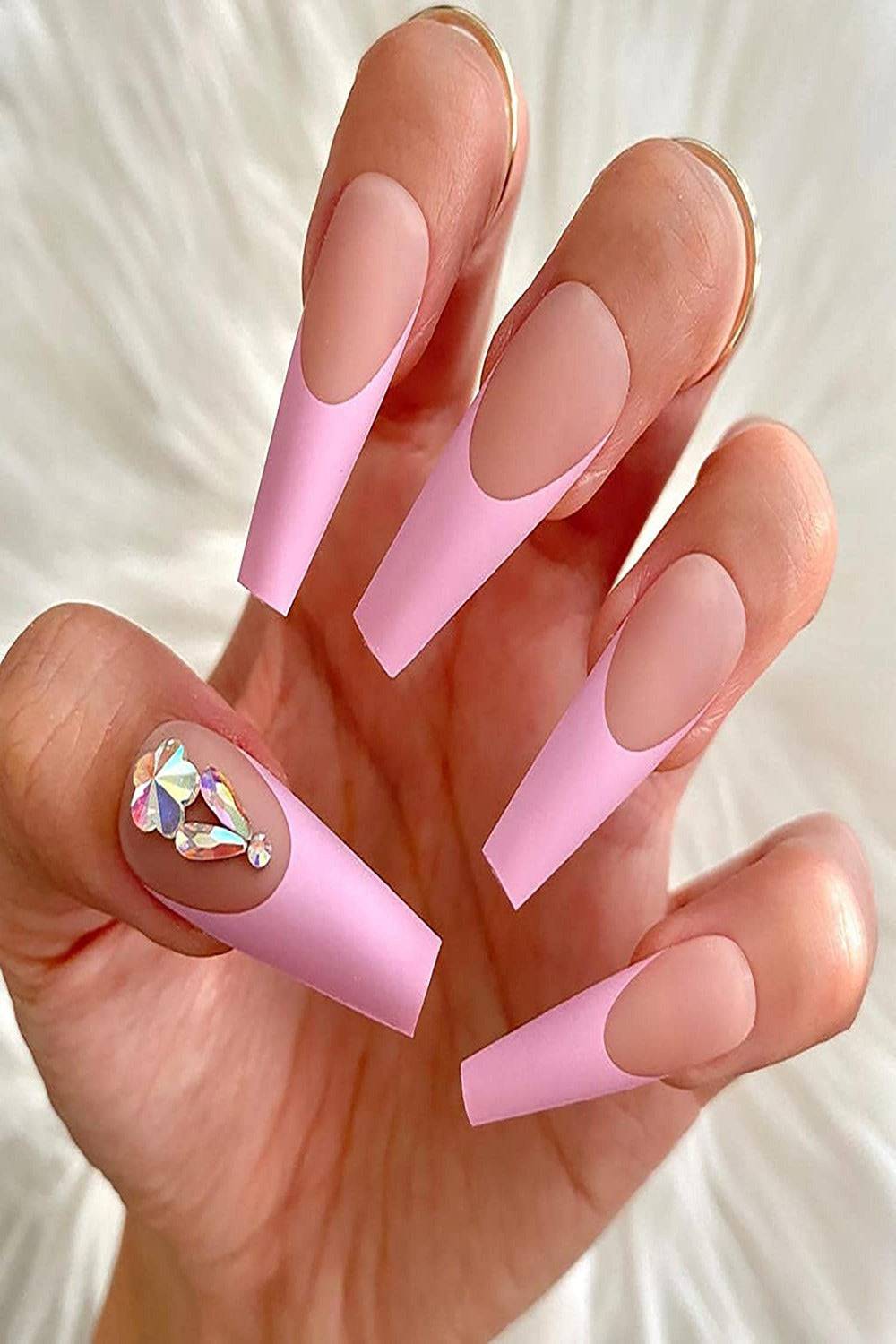 Matte Pink Coffin French Tip Press On Nails With Crystal Nails Design - TGC Boutique - Press On Nails