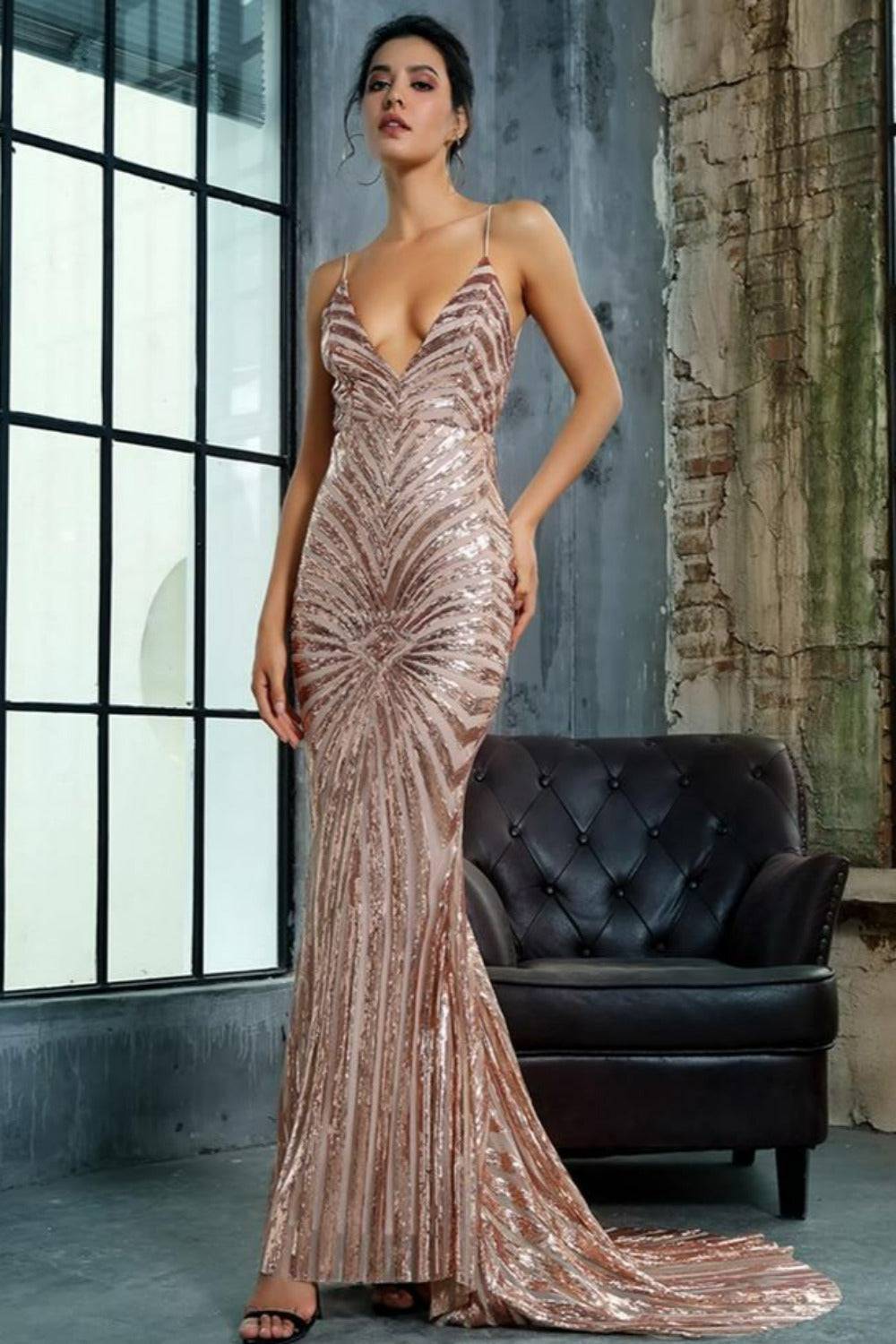 Mermaid Geometric Sequins Long Bridesmaid Dress - Gold - TGC Boutique - Gold Evening Gown