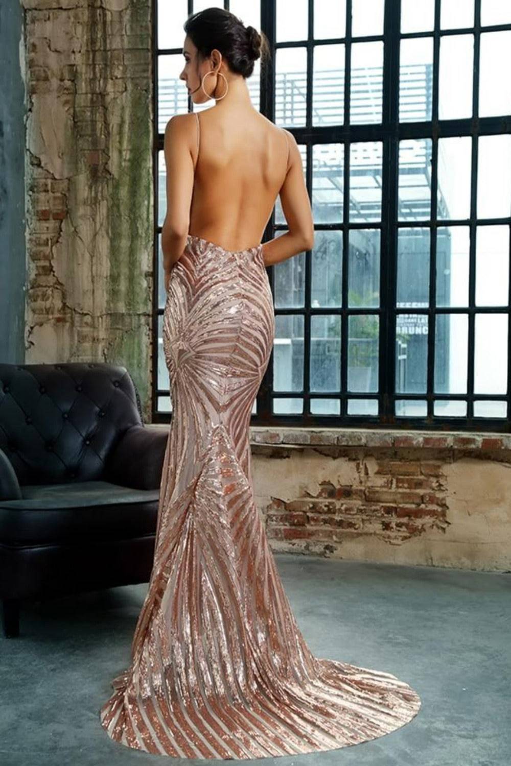 Mermaid Geometric Sequins Long Bridesmaid Dress - Gold - TGC Boutique - Gold Evening Gown