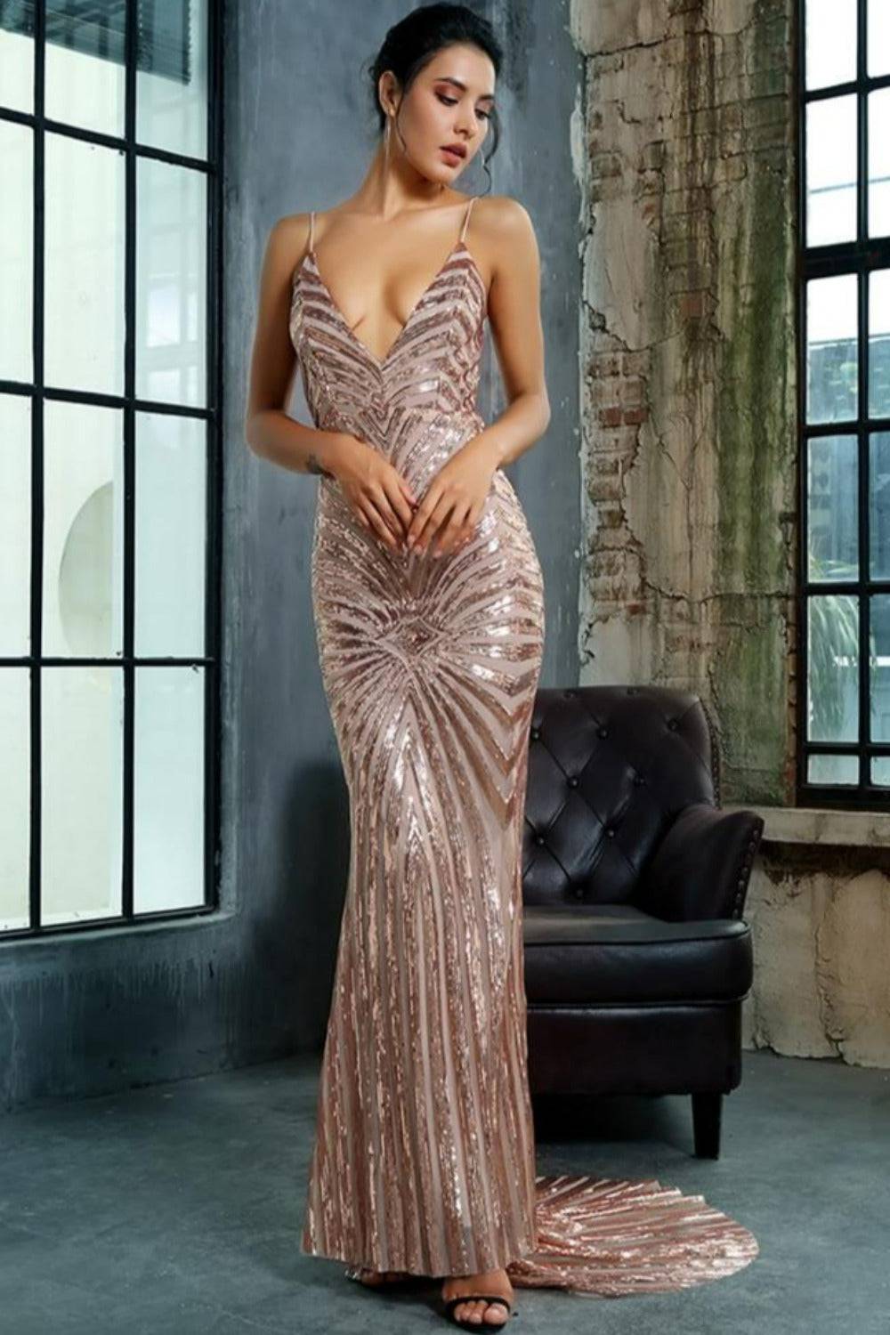 Mermaid Geometric Sequins Long Bridesmaid Dress - Gold - TGC Boutique - Gold Evening Gown