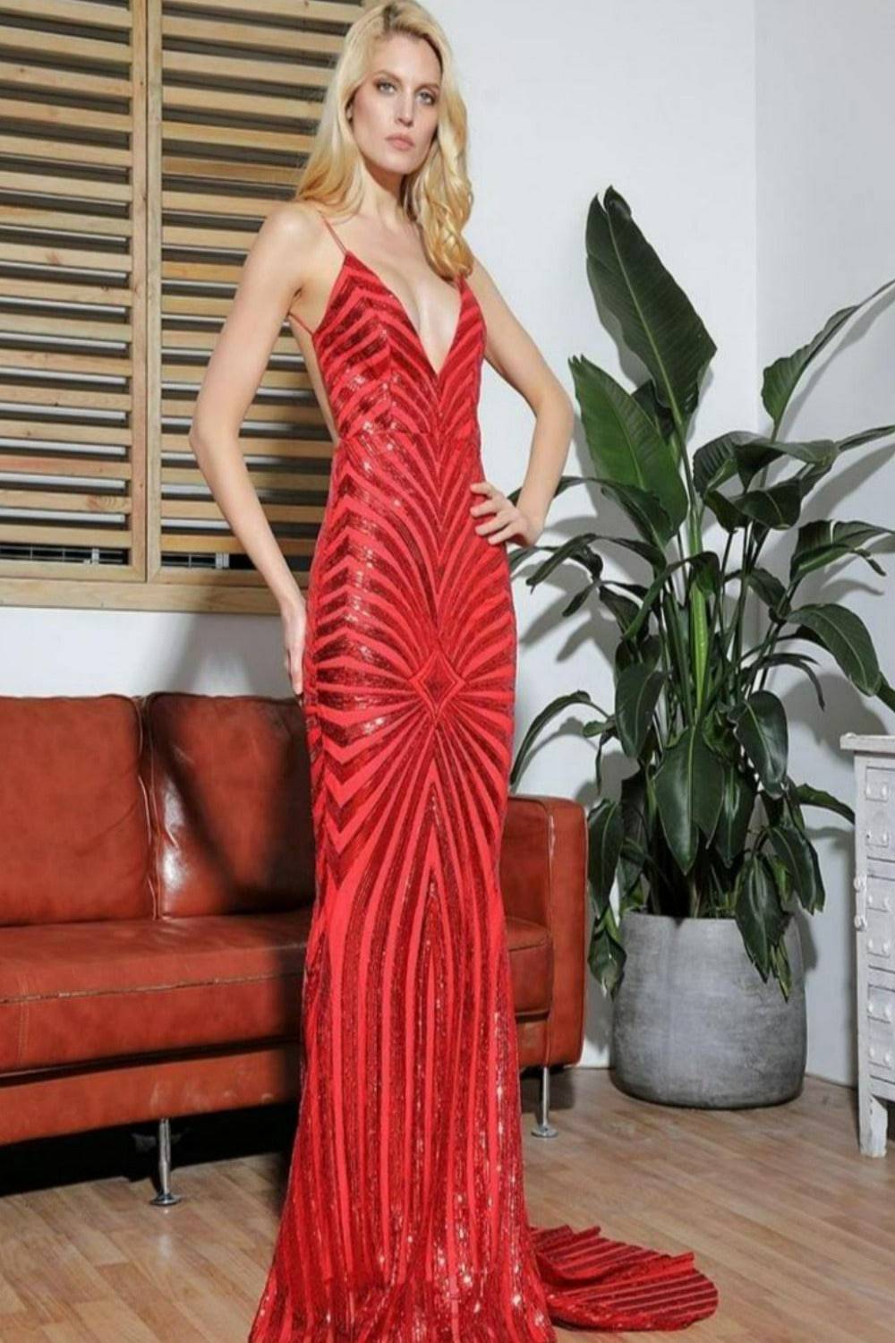 Mermaid Geometric Sequins Long Bridesmaid Dress - Red - TGC Boutique - Red Sequin Dress