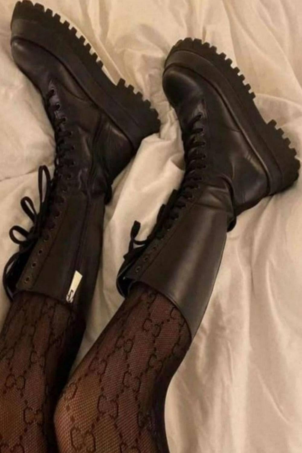 Mia Lace Up Mid Calf Chunky Platform Boots - Black - TGC Boutique - Platform Boots