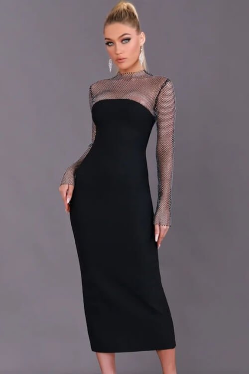 Midnight Allure Shimmer Mesh Sleeve Bodycon Midi Dress - TGC Boutique - Bodycon Dress