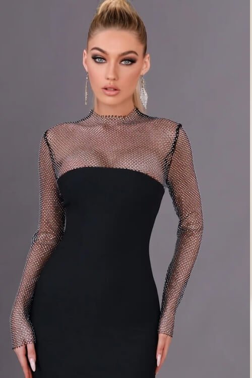Midnight Allure Shimmer Mesh Sleeve Bodycon Midi Dress - TGC Boutique - Bodycon Dress