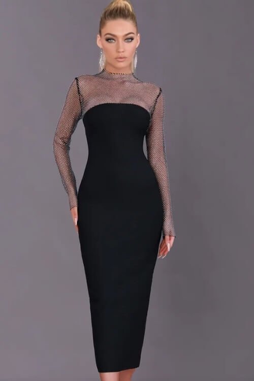 Midnight Allure Shimmer Mesh Sleeve Bodycon Midi Dress - TGC Boutique - Bodycon Dress