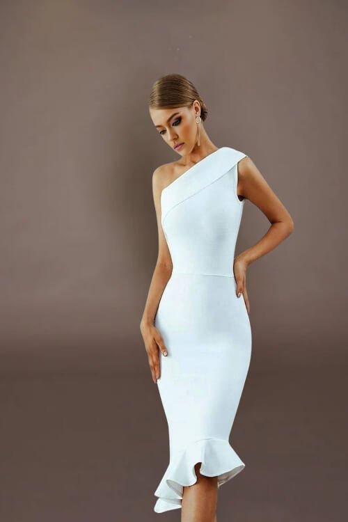 Midnight In London Off The Shoulder Bodycon Ruffle Hem Midi Dress - TGC Boutique - Bodycon Dress