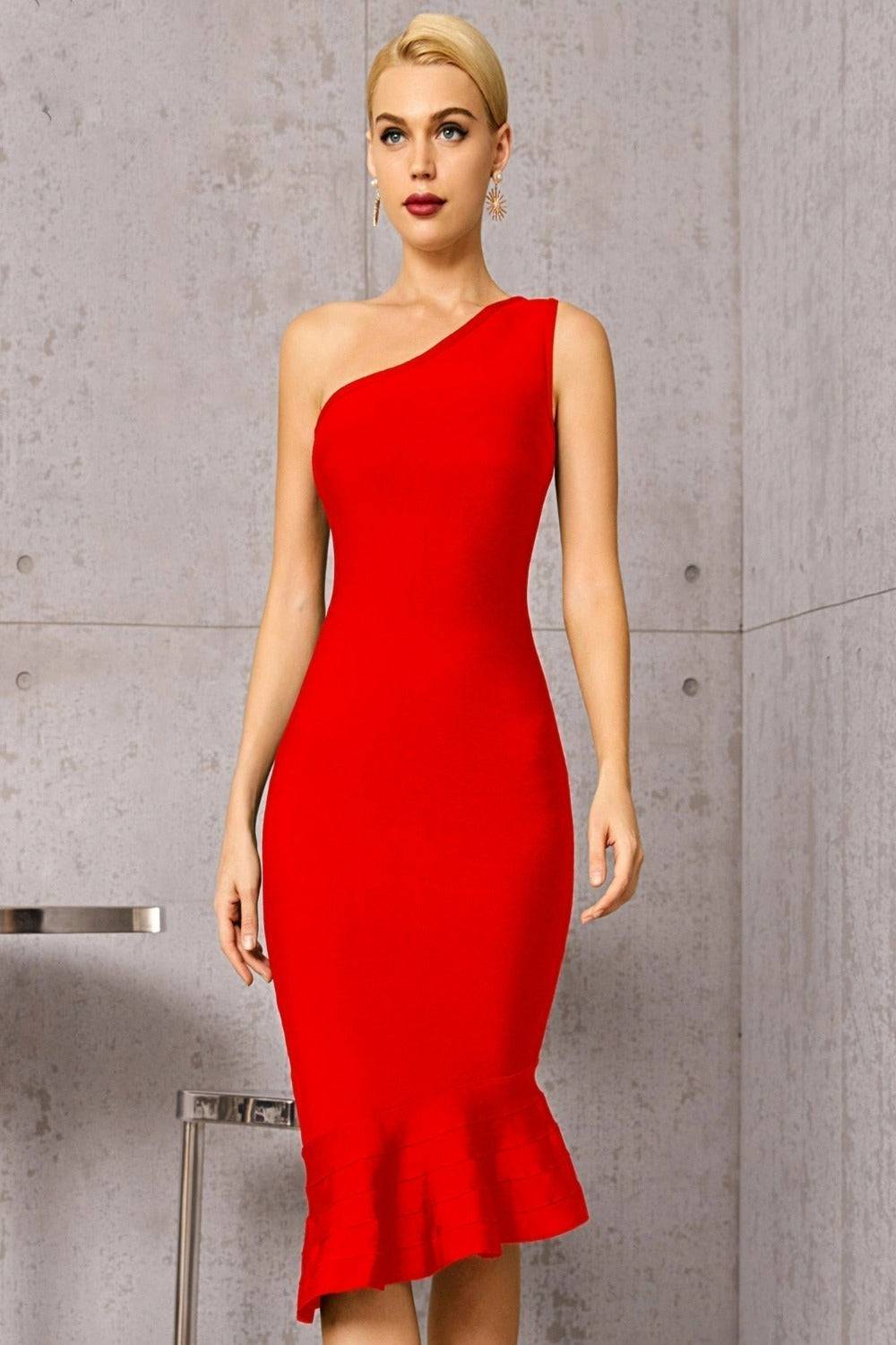 Midnight In London Red Off Shoulder Ruffle Bodycon Midi Dress - TGC Boutique - Bodycon Dress